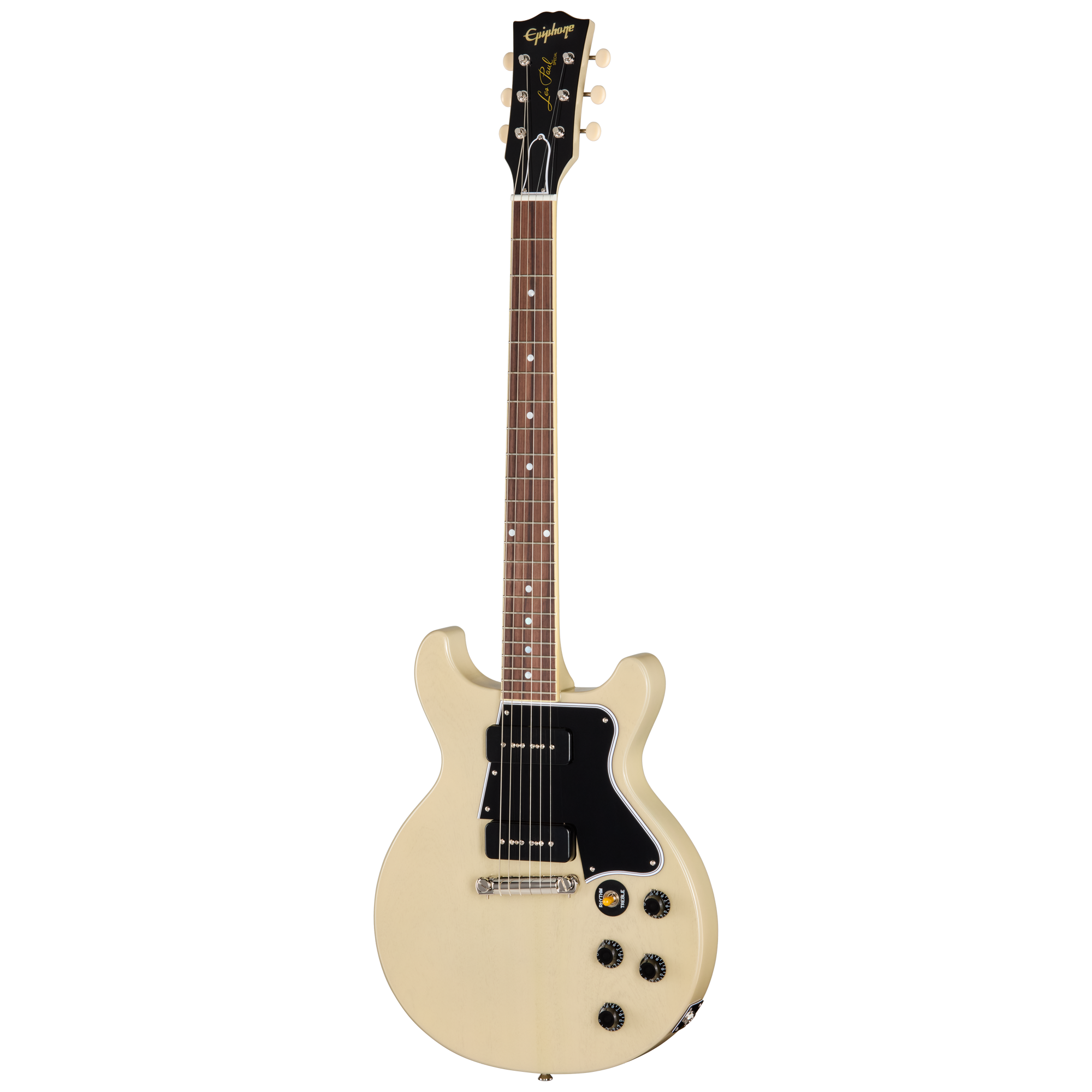 E-Gitarre, cremeweiß, massiver Korpus, Doppelspulen-Tonabnehmer, schwarzes Schlagbrett